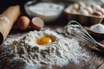 Flour, egg yolk, and baking ingredients on a rustic wooden table