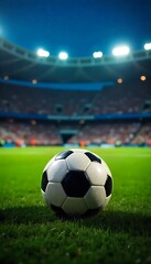 Fototapeta premium Generative AI Soccer Ball on Lush Green Field in Illuminated Stadium During Nighttime Game