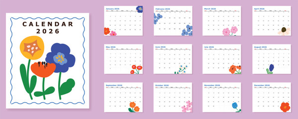 2026 Monthly calendar 12 months template with cute colorful flower on white background. Minimalist design layout calendar week starts on sunday. Use for New year, business, print.