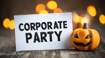 Corporate Halloween: Office Party with Halloween Pumpkin Background and Men at Work