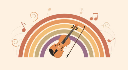Fototapeta premium Harmonic hues: A whimsical violin illustration under a muted rainbow with musical notes