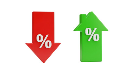 Fototapeta premium 3d Red down arrow and green up arrow with percentage signs isolated on transparent background