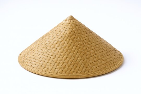 Asian conical hat with woven texture, traditional farmers headwear isolated on white background for culture