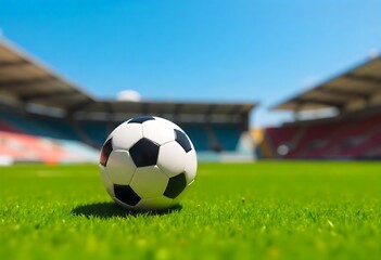 Fototapeta premium Generative AI: Soccer ball on the stadium field, perfect sunny day scene, with blurred background
