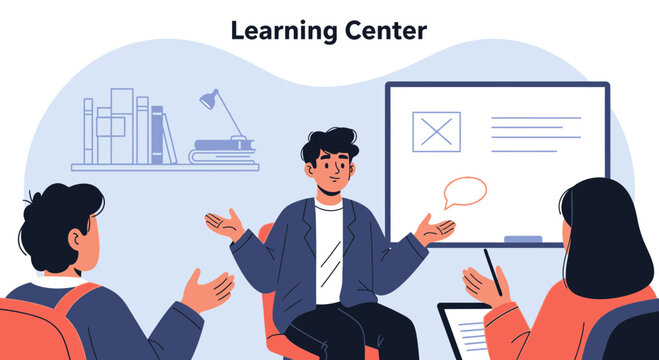 illustration of a learning center environment with people engaged in discussion