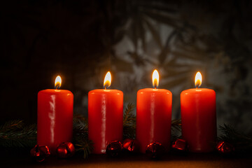 Traditional four advent weeks before Christmas holidays. Red candles burning and plastic free decoration. Copy space greeting card mock up template. Winter cozy home time