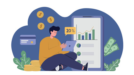 Young man using tablet for budget planning and tracking financial growth with mobile app, surrounded by money, coins, and credit card illustration.