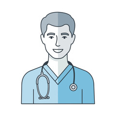 Fototapeta premium A friendly male doctor or nurse in blue scrubs with a stethoscope, depicted in a flat line-art style.