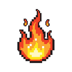 Vibrant pixel art flame with a black outline and floating sparks in a retro 8-bit style.