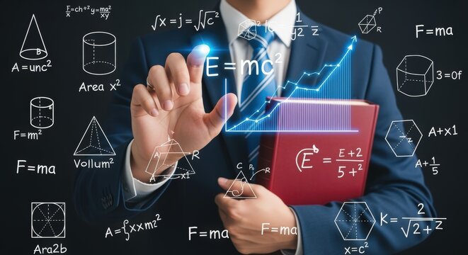 Professional man in suit touching futuristic interface with equations, science and education concept, red book in hand