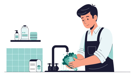 Illustration of a man washing green leafy vegetables in a kitchen sink for a healthy diet