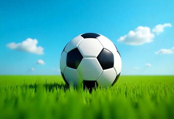 Fototapeta premium Generative AI Sporting scene featuring a soccer ball resting on lush green grass under a clear