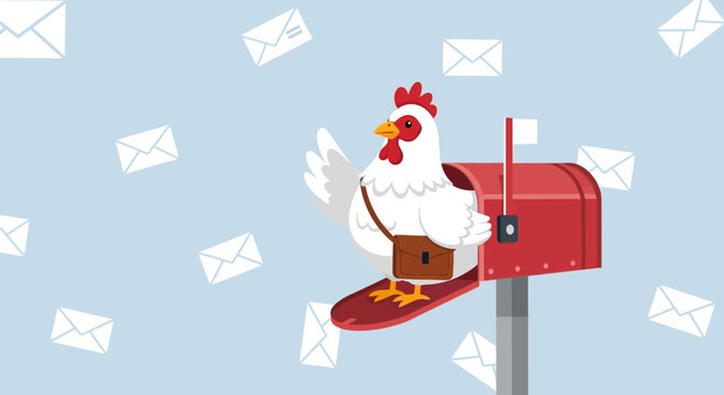 Humorous illustration showcasing a chicken delivering mail in a mailbox surrounded by floating envelopes against a blue background