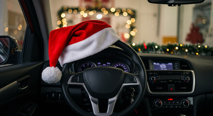 Steering wheel with Santa hat and festive garland, Christmas car interior holiday spirit