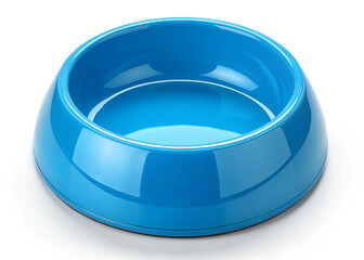 Round, glossy blue pet bowl on white background