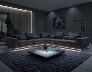 Modern living room with elegant gray sofa and soft rug creates a serene and stylish atmosphere