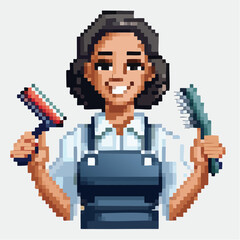Fototapeta premium Pixel art female barber character with haircut tools
