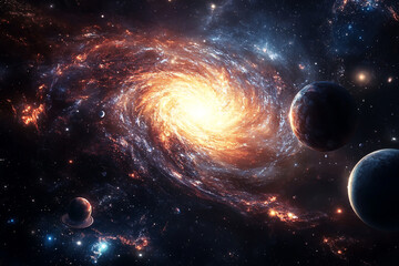 Vibrant spiral galaxy with planets and stars in deep space