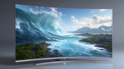Curved TV. Digital Multimedia Cinema Experience on Screen in White