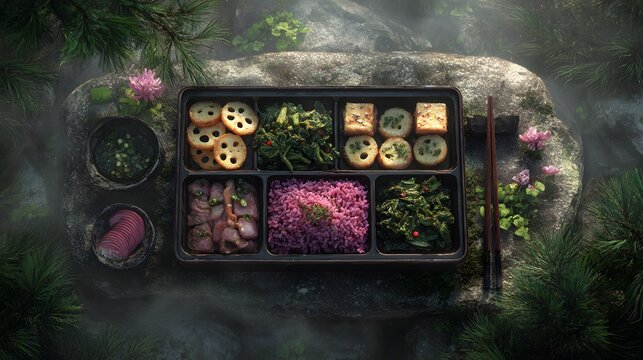 Top down view of Korean temple style vegetarian dosirak lunchbox neatly arranged lotus root seasoned green tofu cube purple rice placed stone bench forest monastery surrounded misty pine tree peaceful