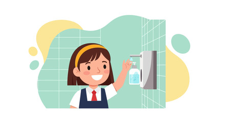 Illustration of a schoolgirl using hand sanitizer in a restroom promoting hygiene and health awareness in educational settings