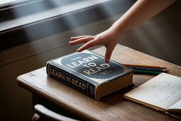 Child's hand reaching for a vintage "Learn to Read" book on a desk, education and literacy concept