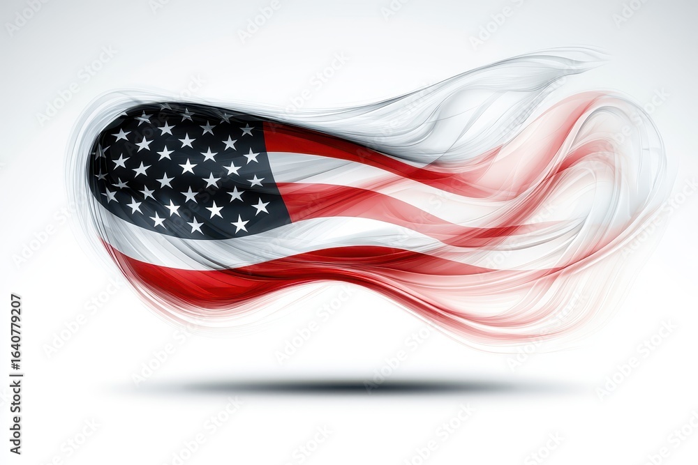 Poster a stylized representation of the american flag, flowing dynamically with a sense of movement and ene