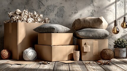 Blank wall sustainable packaging mockup with recycled cardboard boxes and eco paper filler, perfect for branding, retail display, and green marketing campaign visuals.