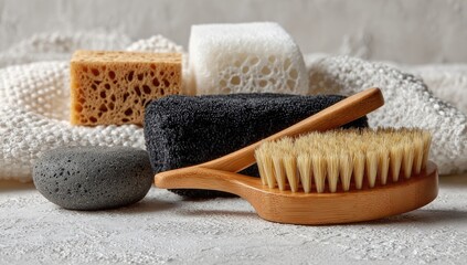 Spa supplies  natural sponges, a wooden brush, and stones on a light surface