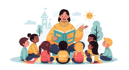 Illustration depicting a teacher reading a book to a group of diverse children outdoors