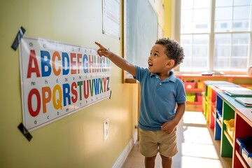 Excited young student pointing at colorful alphabet chart in bright classroom, ready to learn and explore new concepts