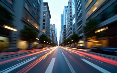 Naklejka premium Street view distorted by visible time ripples, bending buildings and light trails, surreal temporal distortion with photorealistic quality. High quality