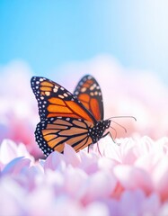 Obraz premium Monarch butterfly perched on soft pink flowers