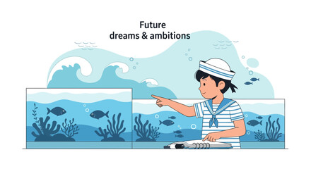 Obraz premium Illustration depicting a young boy with future dreams and ambitions of becoming a sailor exploring aquatic life