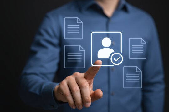 Human Resources Management: Selecting Documents, Man Using Digital Interface To Choose Candidate From Various Application Files