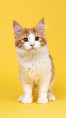 Adorable ginger and white kitten sitting on yellow