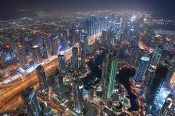 Aerial view of a modern city at night.  Towering skyscrapers, illuminated roads, and a network of waterways are prominent features.  Vast expanse of lights reveal a bustling urban landscape