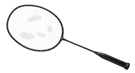 Isolated badminton racket with woven strings is angled against nothing.