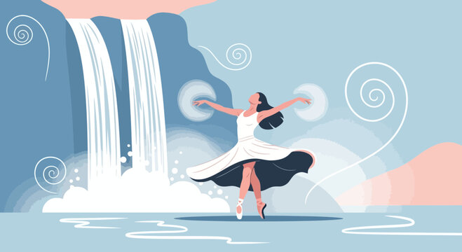 Graceful Ballerina Dancing With Waterfall In A Dreamy Serene Scenery