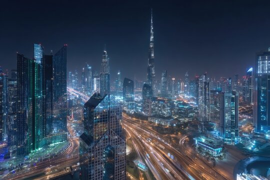 Aerial view of a sprawling modern city at night.  High-rise buildings, illuminated by city lights, form a dense cityscape.  Visible roadways crisscross.  Long exposure shows motion blur on traffic