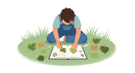 Illustration of a boy drawing leaves in a field, fostering creativity and appreciation for nature through artistic expression, youthful exploration