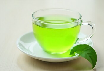 Generative AI: Tranquil Green Tea Cup on Saucer with Leaf Depicting Refreshment and Serenity