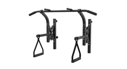 A black metal pull-up bar and pulley system provides home fitness options.