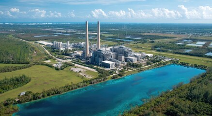 Aerial view of a power plant complex, surrounded by land and water