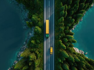 High-angle view of a road traversing a lush forest bordering two tranquil lakes.  A yellow semi-truck and a smaller yellow car are on the road