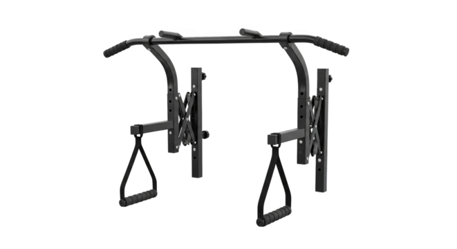 A black metal pull-up bar and pulley system provides home fitness options.