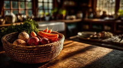 Freshly harvested vegetables in a rustic kitchen bathed in warm morning light