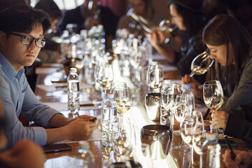 Expert Sommelier Leading Wine Tasting Event With Enthusiasts Seated at Fully Stocked Table