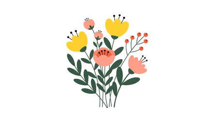 Floral bouquet illustration with yellow and pink flowers isolated on transparent background