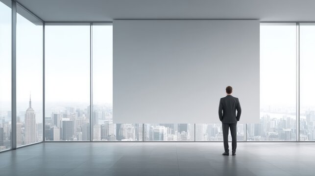 Businessman Contemplating Blank Canvas in Modern Office Overlooking Cityscape, Offering Opportunities for Business Strategy and Vision